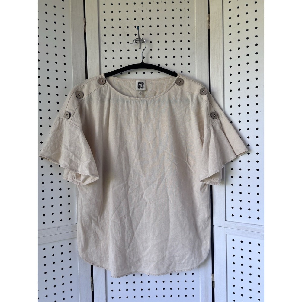 Anne Klein Medium Linen Blend Flutter SLV Blouse Top Button Shoulder Beige